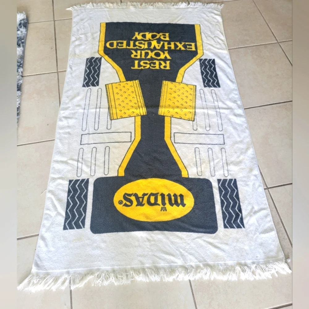 Vintage Midas Beach Towel Cars Muffler Promo 80s Cotton Racing Tires Advertising